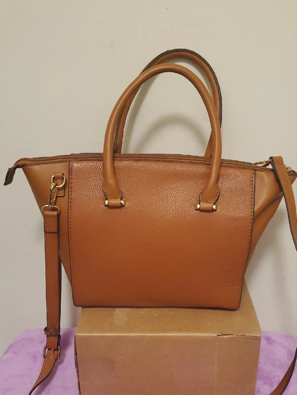 Ellen Tracy Cognac Brown Leather Satchel with Gold Hardware